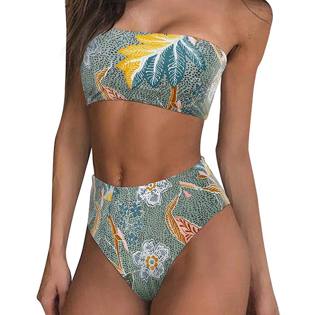 Women's Two Piece Bikini Set Bandeau Top with Removable Padding High Waist Bottom Tropical Leaf Print Swimwear