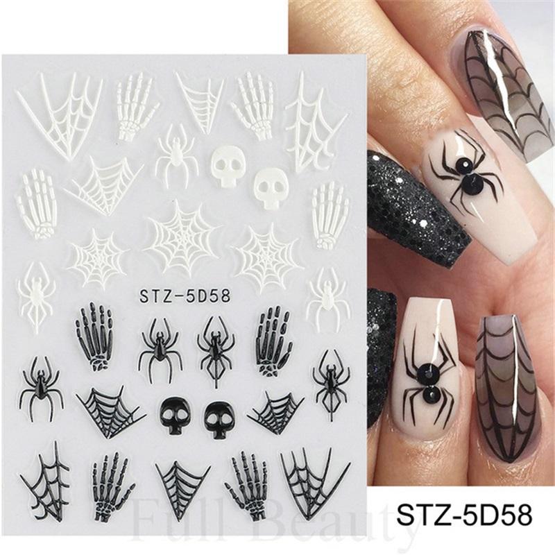 New nail art stickers embossed 5D three-dimensional Halloween cartoon bow ghost-shaped spider web nail stickers