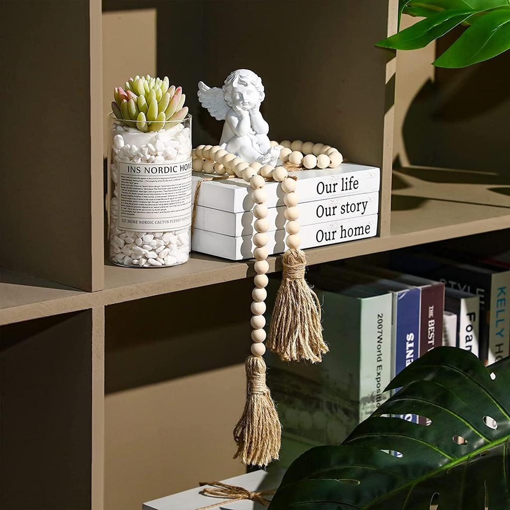 DECORKEY Farmhouse Wood Beads Garland, 2 Pack 58 Inch Wooden Beads for Boho Home Decor with Tassels, Rustic Country Decor for Coffee Table, Wall,