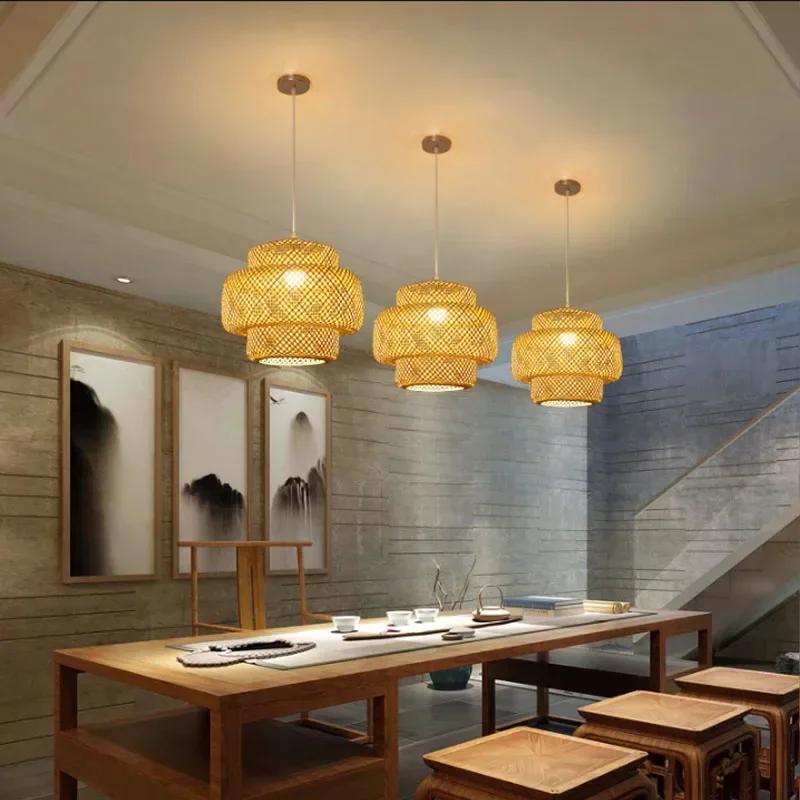 East Style Pendant Light Handmake Bamboo Hanging Lamp for Dining Living Room Chandelier Decor Restaurant Loft Luminaire Lighting