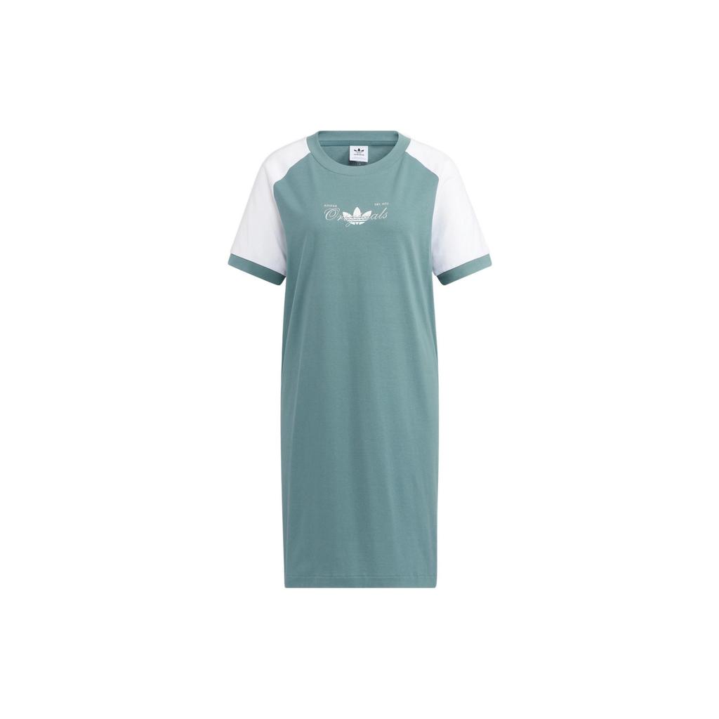 Adidas Originals Color Block Logo Casual Sport Simple Spliced Round Neck Short Sleeve Dress Women dress Dark-Green H49566