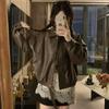 Kumikumi American vintage Black PU Leather Long sleeve Outerwear Women clothes Autumn Niche Loose Lapel Jacket Top