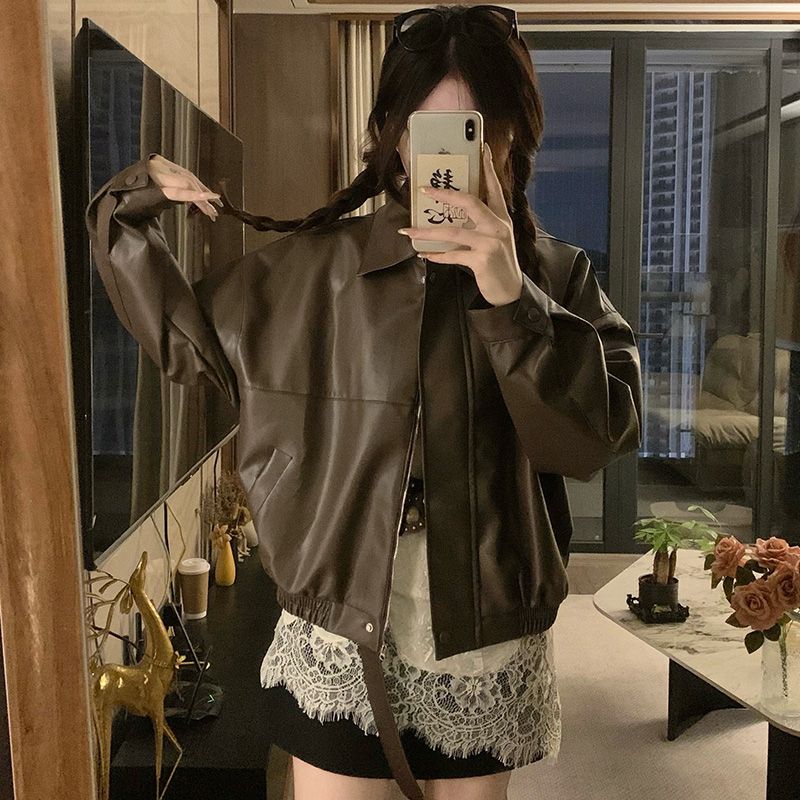 Kumikumi American vintage Black PU Leather Long sleeve Outerwear Women clothes Autumn Niche Loose Lapel Jacket Top