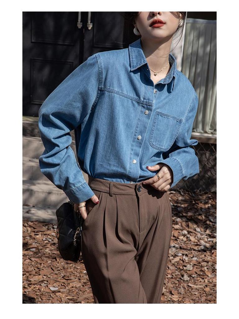 Damska koszula dżinsowa z długim rękawem - Wiosna/Jesień 2025 Retro francuski dopasowany krój