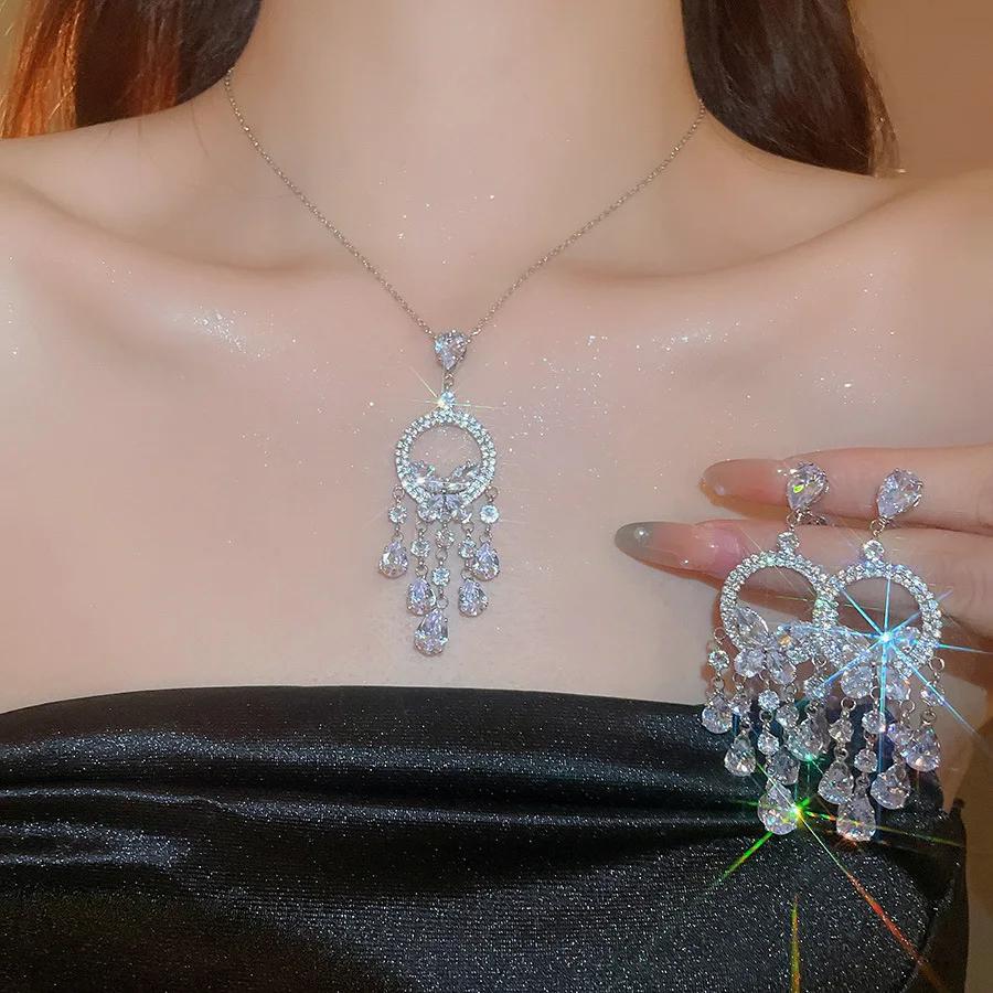 Inlaid Rhinestone Zircon Round Butterfly Zircon Sets for Women 2025 Fashion Light Luxury High-end Wedding Earring Necklace Set