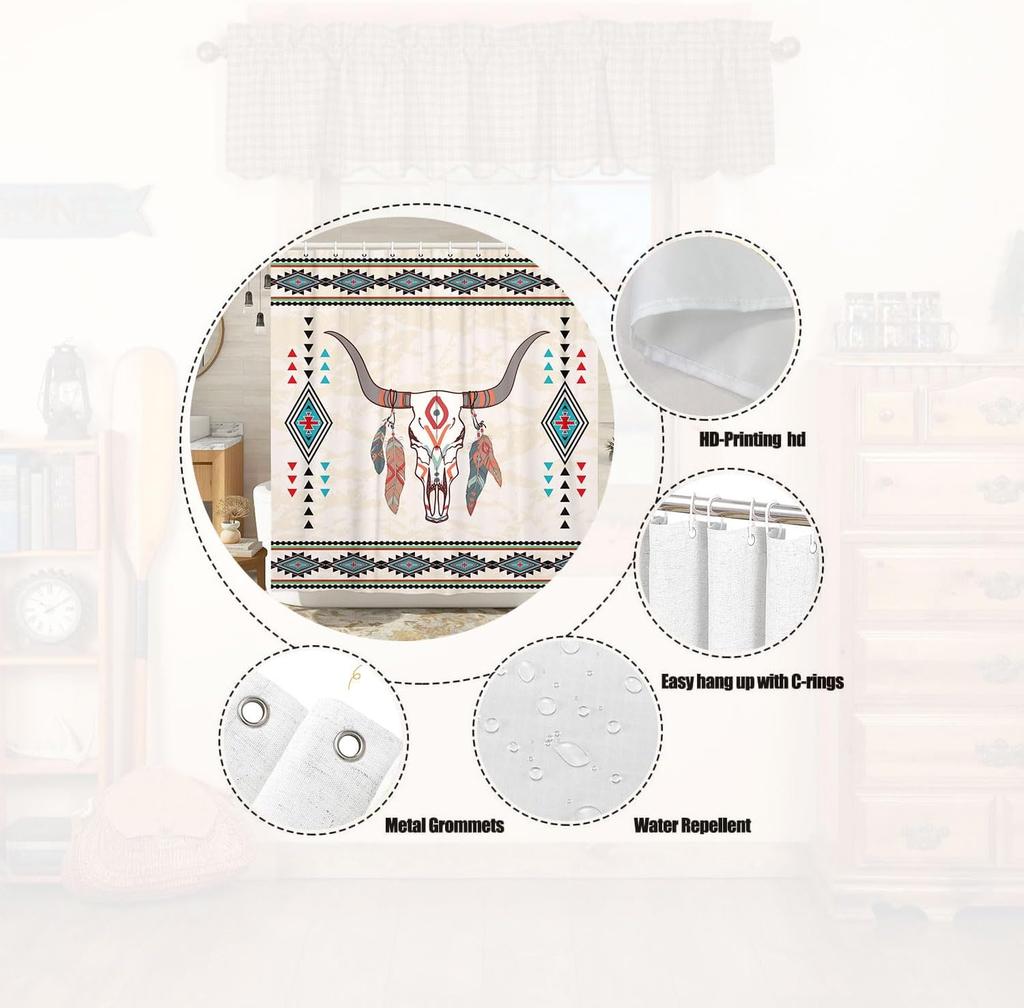 Western Boho Shower Curtain Bull Skull Aztec Native American Tribal Southwestern Shower Curtains Set Cattle Feathers Geometry