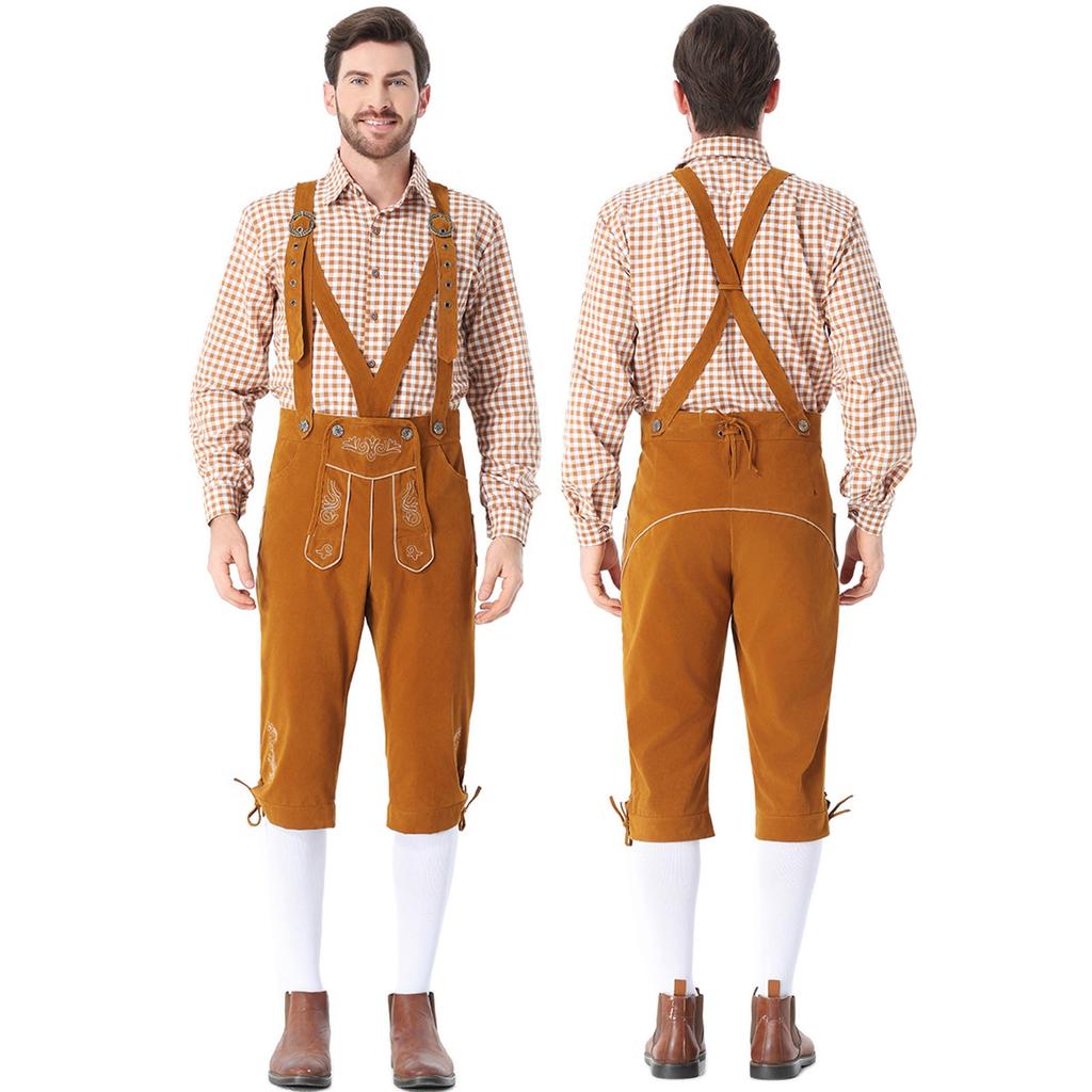 Men's German Bavarian Oktoberfest Costume Set Long Sleeve Plaid Shirt with Suspenders Pants, 2-Piece Outfit