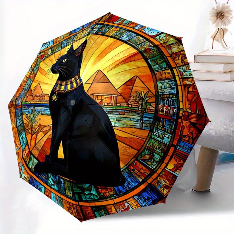 1pc Egyptian Cat Automatic Open/close Folding Compact Umbrella, 8-Rib Sturdy Canopy, Lightweight Portable, Everyday Use, Gift, Outdoor Umbrella, Trave