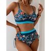 Vintage Blue Floral Print Bikini Women Hollow Out Push Up Drawstring Side High Waist Swimsuit 2026 Beach Bathing Suit Swimwear