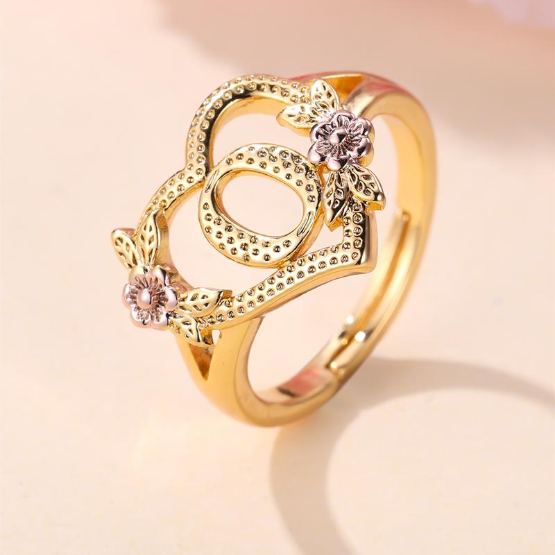 

Кольца с инициалами и цветком в форме сердца, регулируемые нежные кольца с буквами и листьями золотого цвета для женщин и девочек, ювелирные изделия с алфавитом O золотой