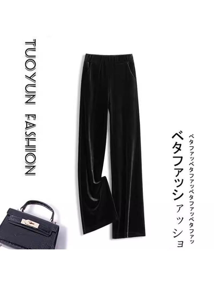 Pantaloni Larghi a Vita Alta Elasticizzata in Velluto Dorato da Donna - Taglie Forti Casual per Primavera/Autunno