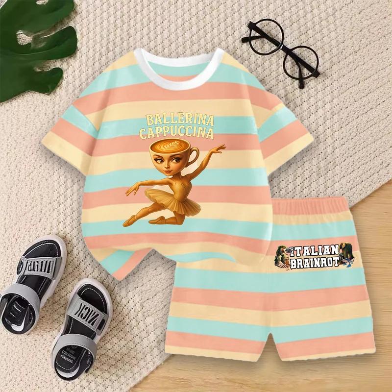 Boys Summer Striped Outfit Set Kids Cartoon Animal Print Short Sleeve T-shirt and Shorts for Play Outdoor