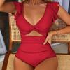Women Monokini V-Neck Ruffle Sleeve Solid Color One-Piece Swimsuit High Waist Tummy Control Bathing Suit
