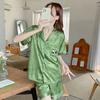 2025 Sommer Neu Damen Süß Satin Seide Lustig Cartoon Bedrucktes Pyjama Set Kurzarm+Hose Damen Eis Seide Niedlich Grün Hauskleidung Freizeitkleidung