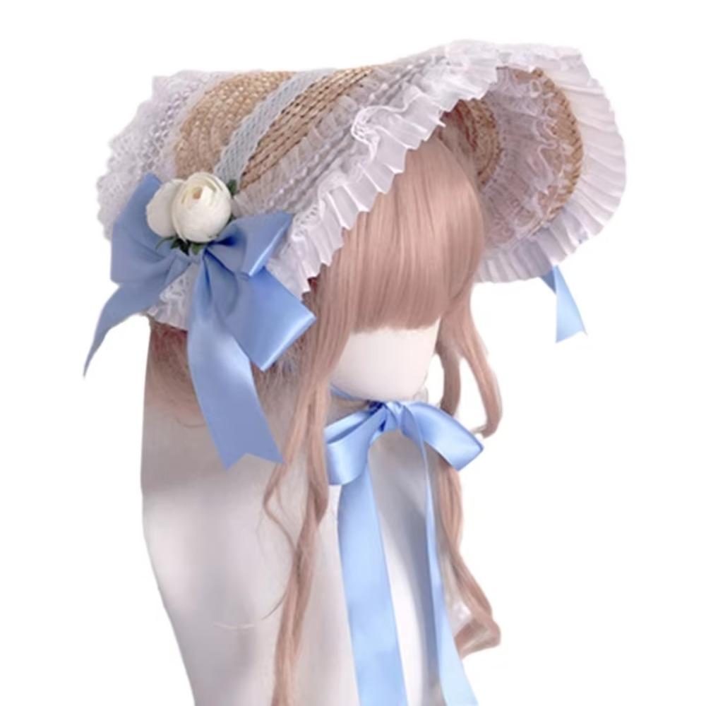 Ruffle Lace Beach Hat Flat Top Hat  for Elegant Tea Party Princess Beach Outdoor Travel