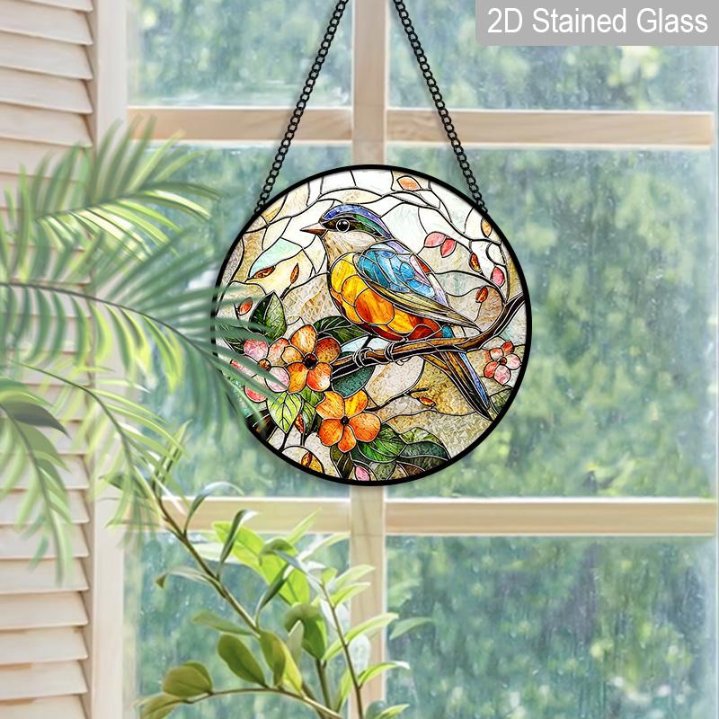 2D Flat Stained Glass Bird Window Decoration, 7.87inches Blue Bird Pink Flower Design Colored Glass Plate with Chain, Charming Spring Summer Sun