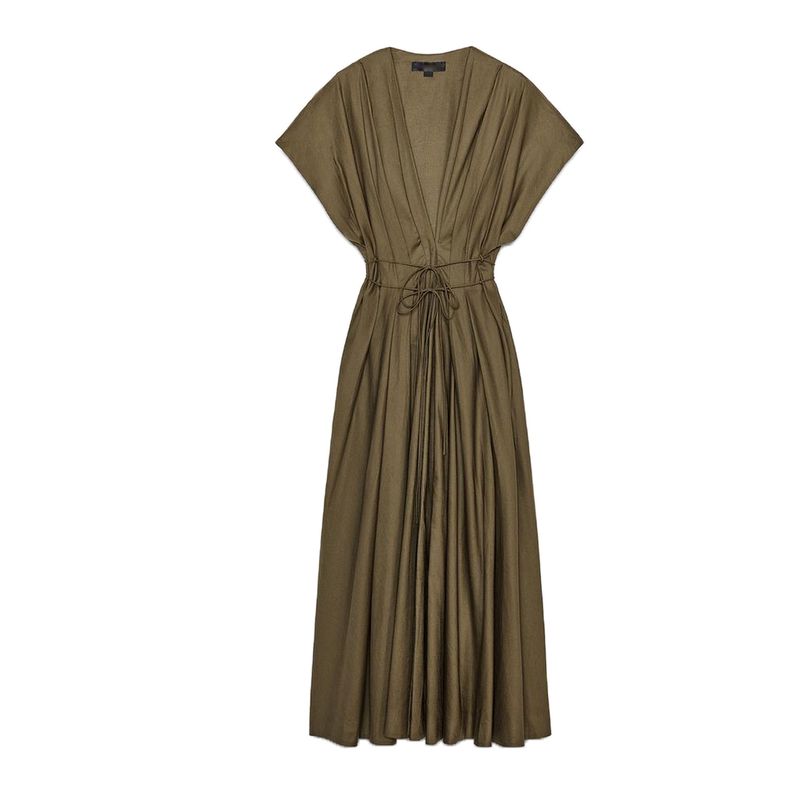 Summer Women's Cotton V Neck Drop Shoulder Short Sleeve Pleated Design Midi Skirt Dress 2965260 2965278