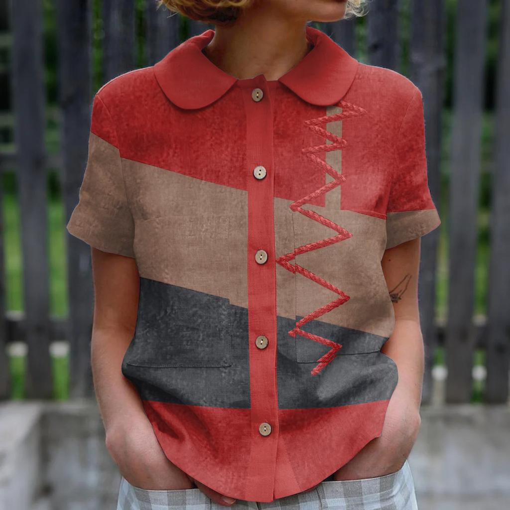 Women's Casual Fashionable Printing O Neck Button Short Sleeved Top