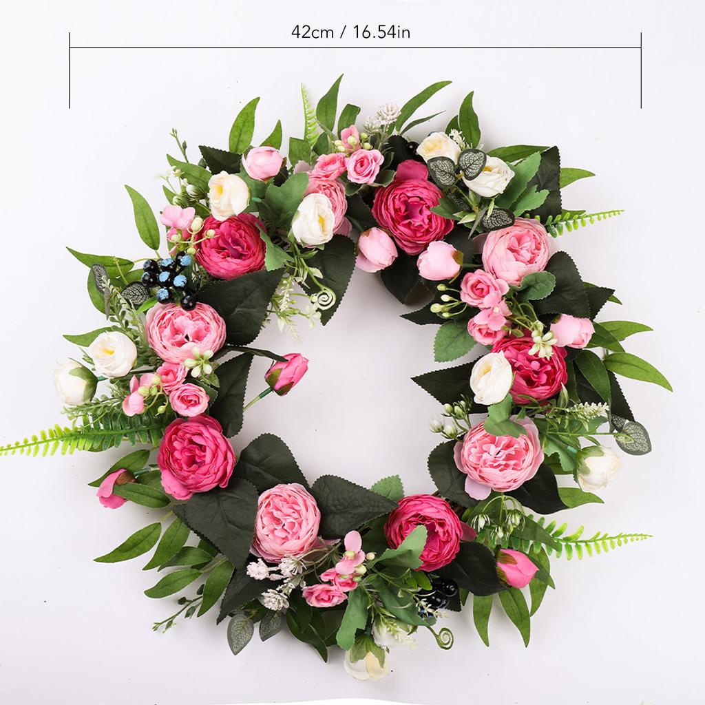 Artificial Peony Wreath Silky Fabric Beautiful Fadeproof Flower Wreath for Door Wedding Wall Decoration