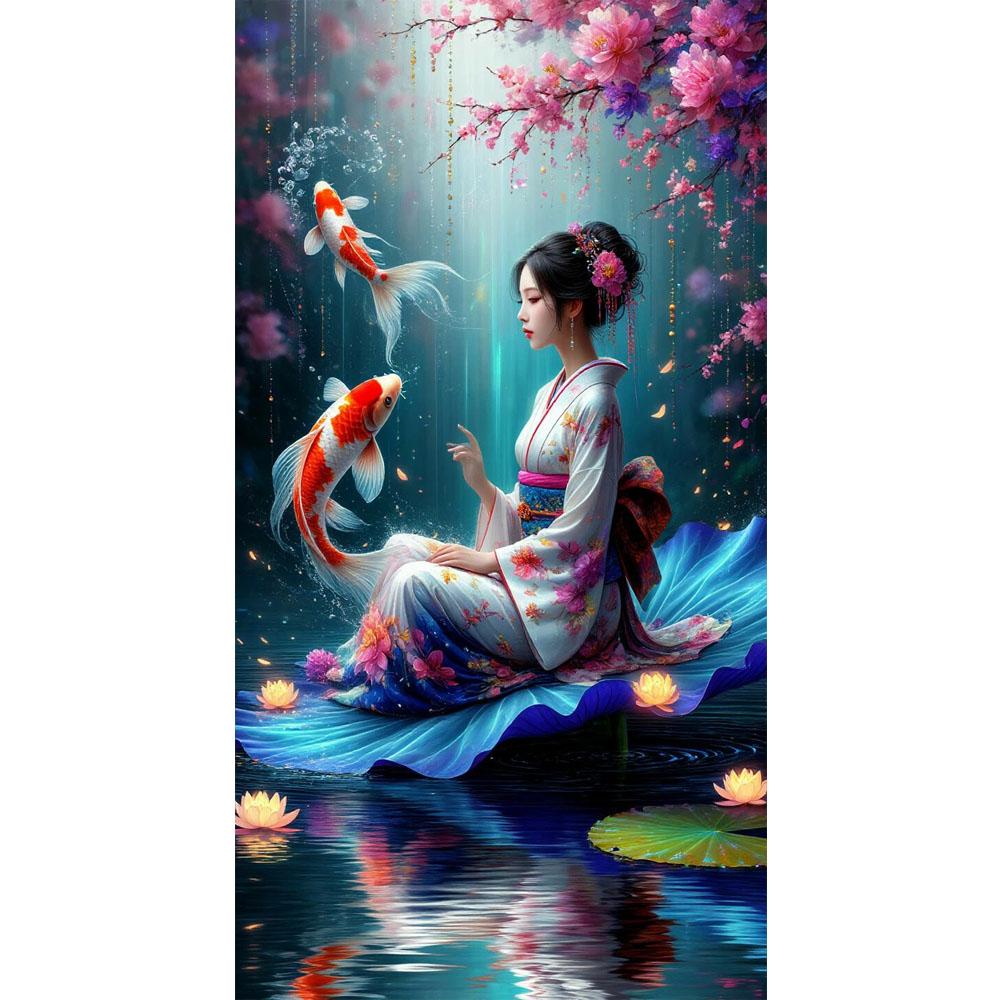 

Большой размер Мозаика Сделай сам Полные наборы для рисования бриллиантами Искусство Красивая японская гейша и рыбы кои Вышивка Крестом Стразы round 30x60cm красный