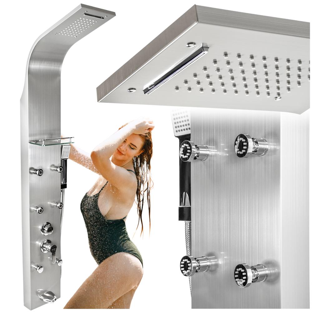Steel shower panel, hydromassage, nozzles, faucet, rain shower, mixer