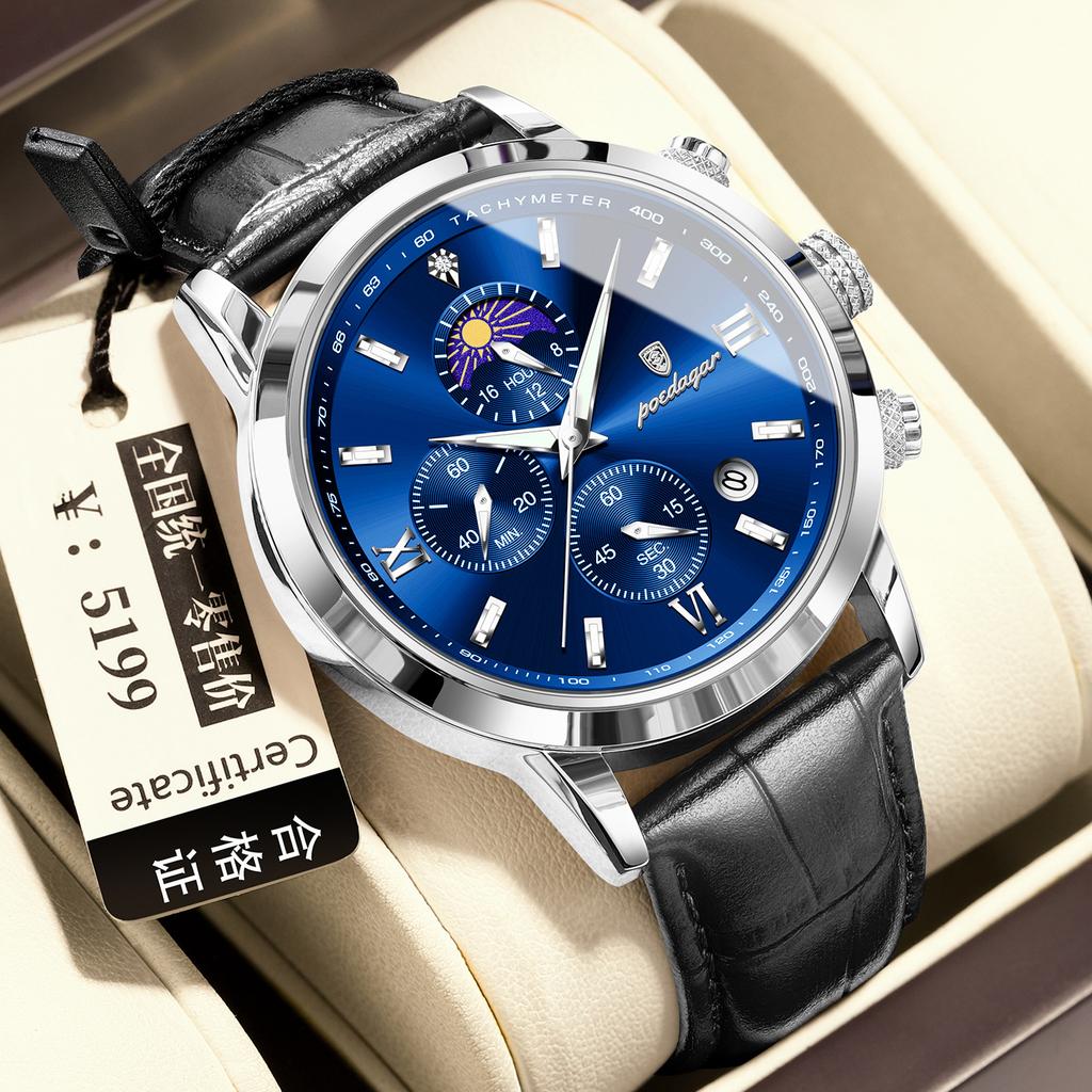POEDAGAR National Top Swiss Brand Multifunctional Sports Chronograph Moon Phase Men's Watch Quartz Watch