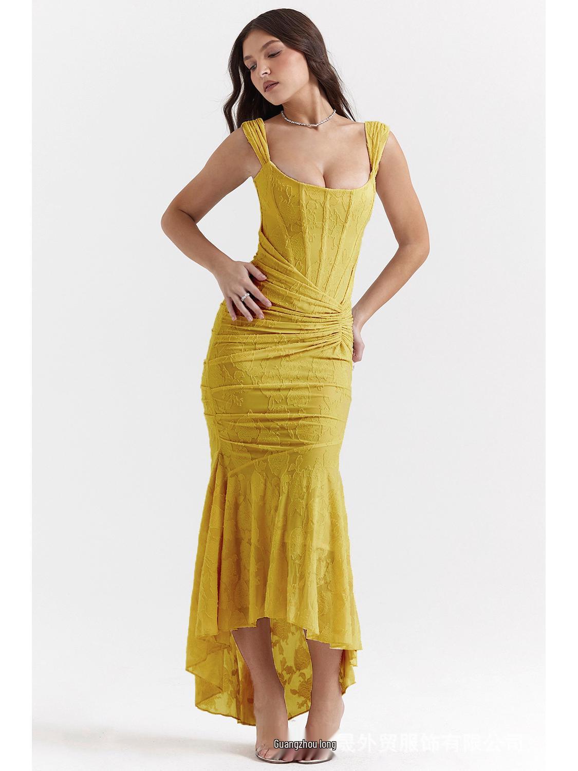 European & American Style Autumn Square Neck Ruched Mesh Jacquard Sleeveless Fishtail Strappy Long Dress XL
