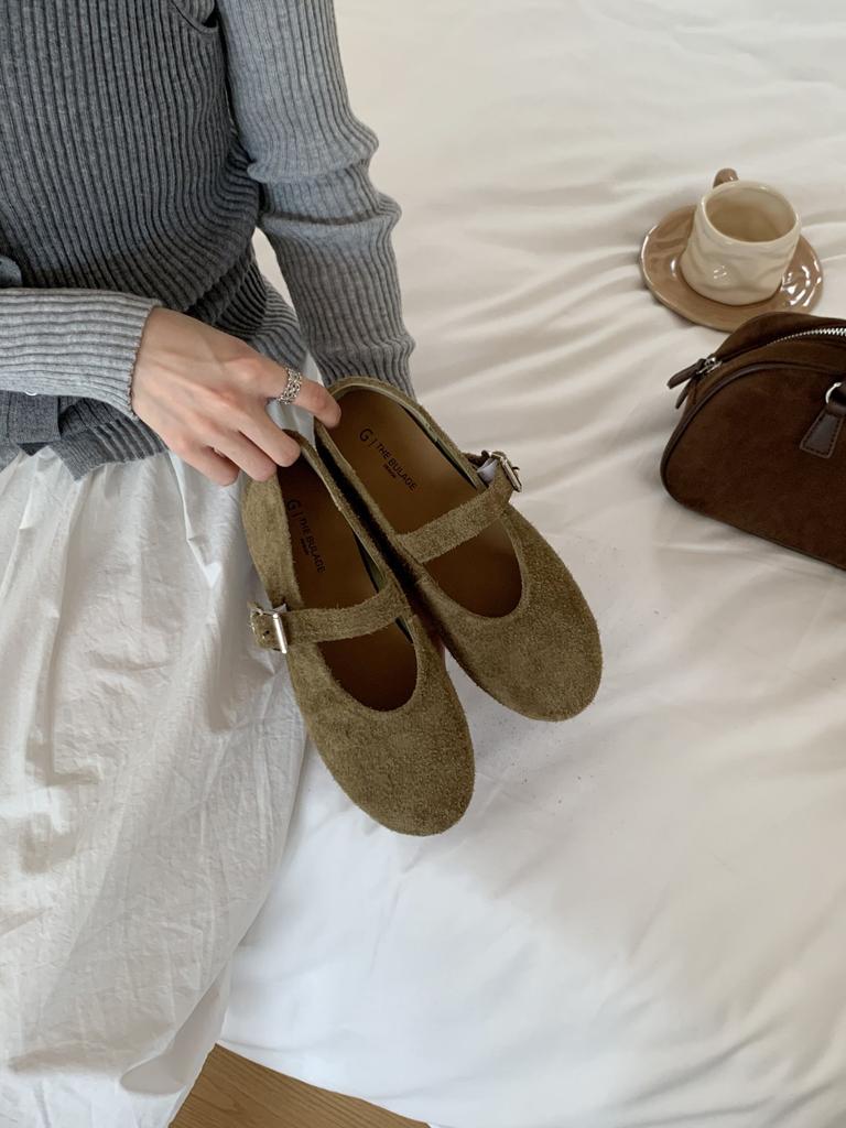THEBULAGE Korean Version of Round Head Shallow Mouth Single Shoes 2025 Autumn One-word Buckle with Mary Jane Flat Shoes