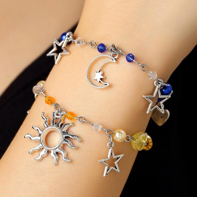 Punk Bracelet Hollow Out Star Moon Charm Bracelet Beaded Bracelet Adjustable Chain Bracelet Alloy Texture for Daily