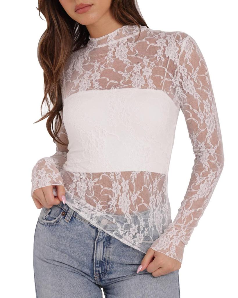 Neues Damen Halbhoher Kragen Durchsichtig Langarm T-Shirt und Sexy Tüll Top