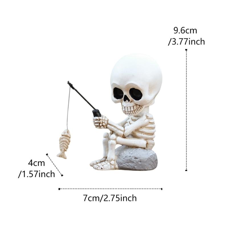 Outdoor Resins Halloween Skeleton Fisherman Sculpture With Shaking Head Design For Garden Patios Pond Decoration Gift