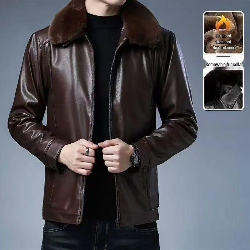 Men's Leather Jacket for Mid-Aged & Elderly: Fleece-Lined, Thickened, Windproof, Detachable Fur Collar, Winter Warmth for Dad.