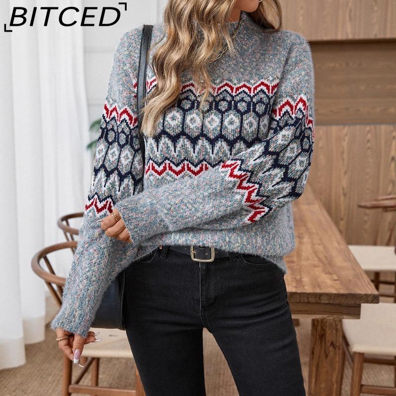 BITCED Jacquard Herbst/Winter Pullover mit halbohem Kragen Damen Casual Langarm Strickoberteil