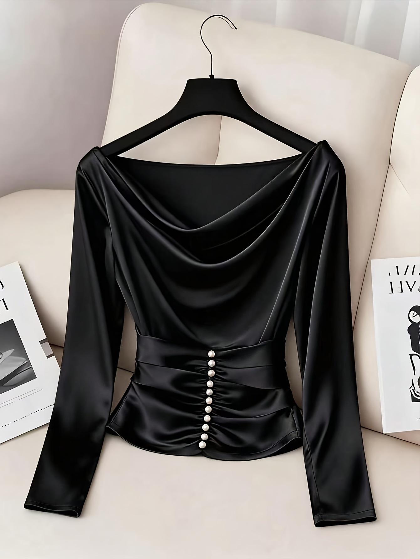 Европейско-американская приталенная атласная рубашка с драпированным воротником и длинным рукавом - Мода Весна/Лето/Осень Extra Large чёрный