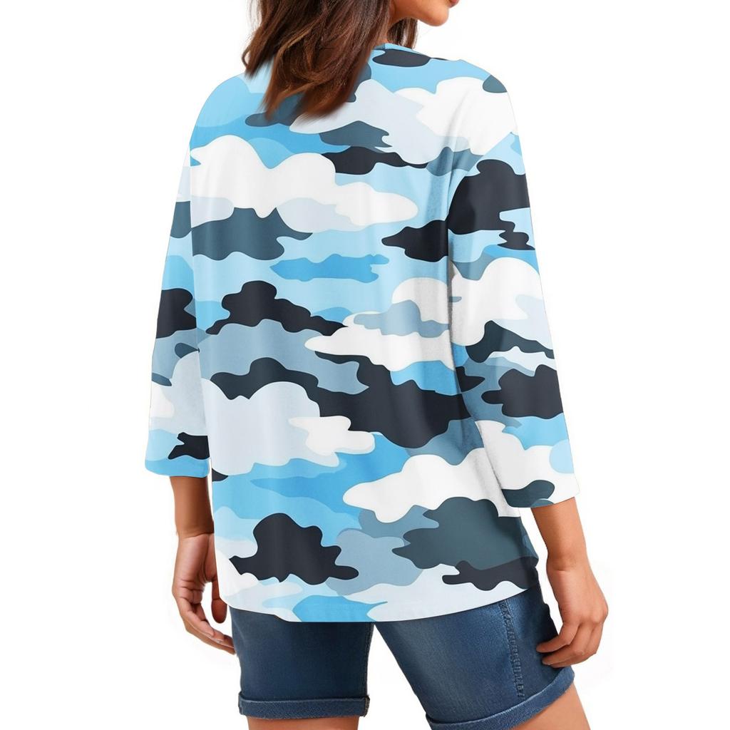 Women's Tops Three-quarter Sleeve Shirt V-neck Loose Casual Shirt Textured Printed T-shirt