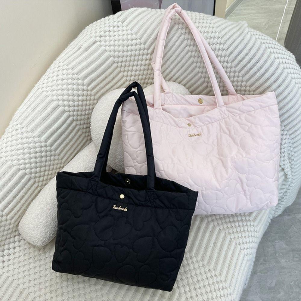 Large Capacity Heart Printed Shoulder Bag Solid Color Nylon Handbag Cute Down Bag  Autumn Winter