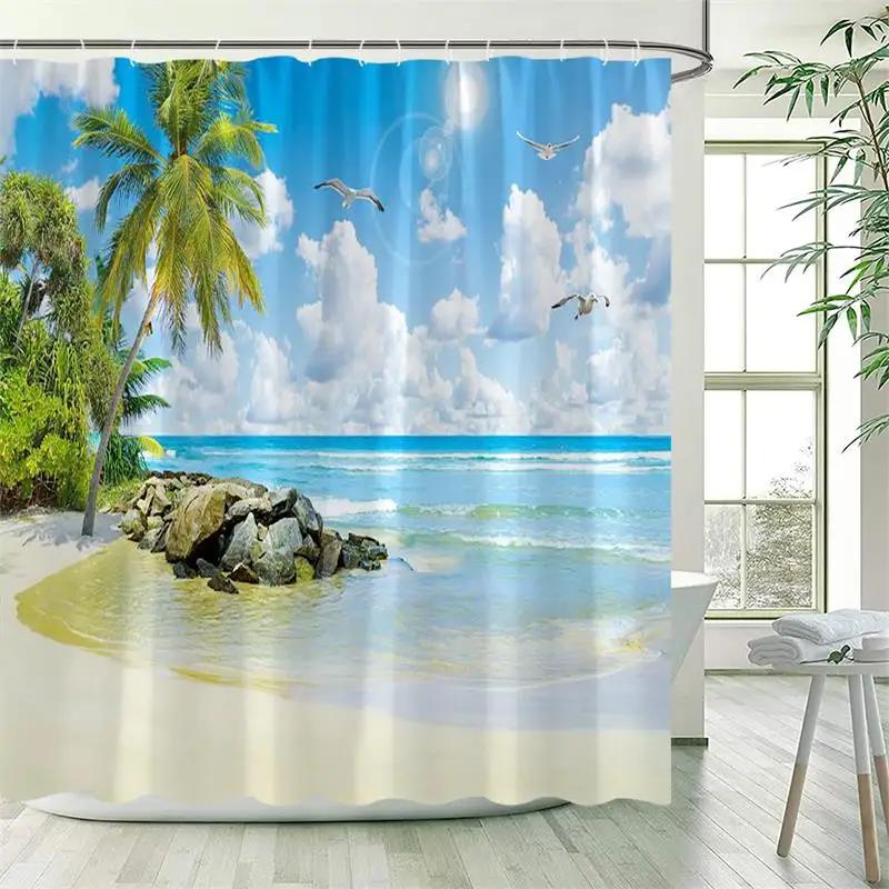 Ocean Landscape Shower Curtain Beach Palm Trees Parrots Dolphins Sea Waves Nature Scenery Bath Curtains Fabric Bathroom Decor