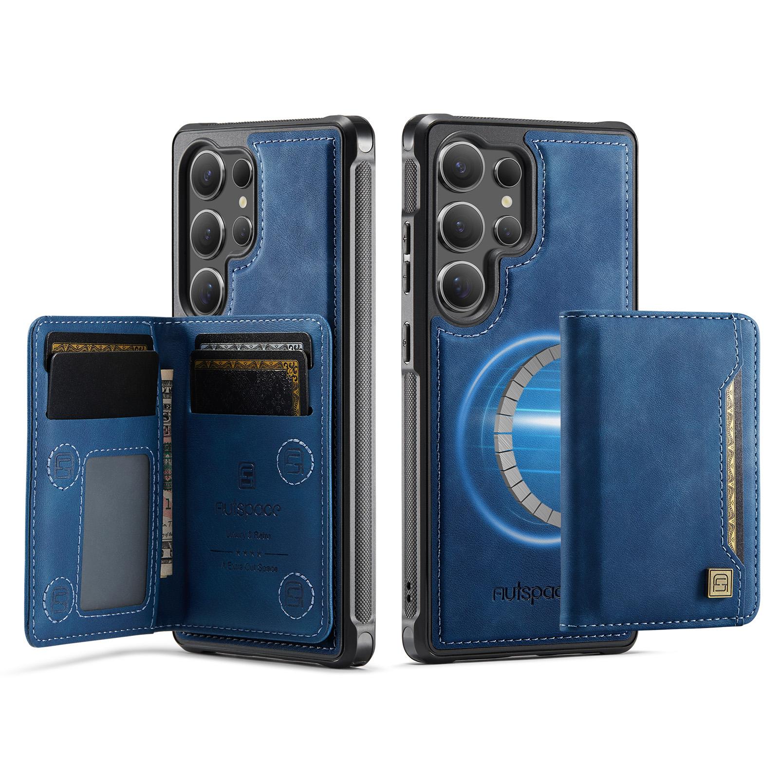 

For Samsung Galaxy S25 Ultra Case AUTSPACE A13 Vintage Leather Back Cover with Magnetic Detachable Card Bag Blue