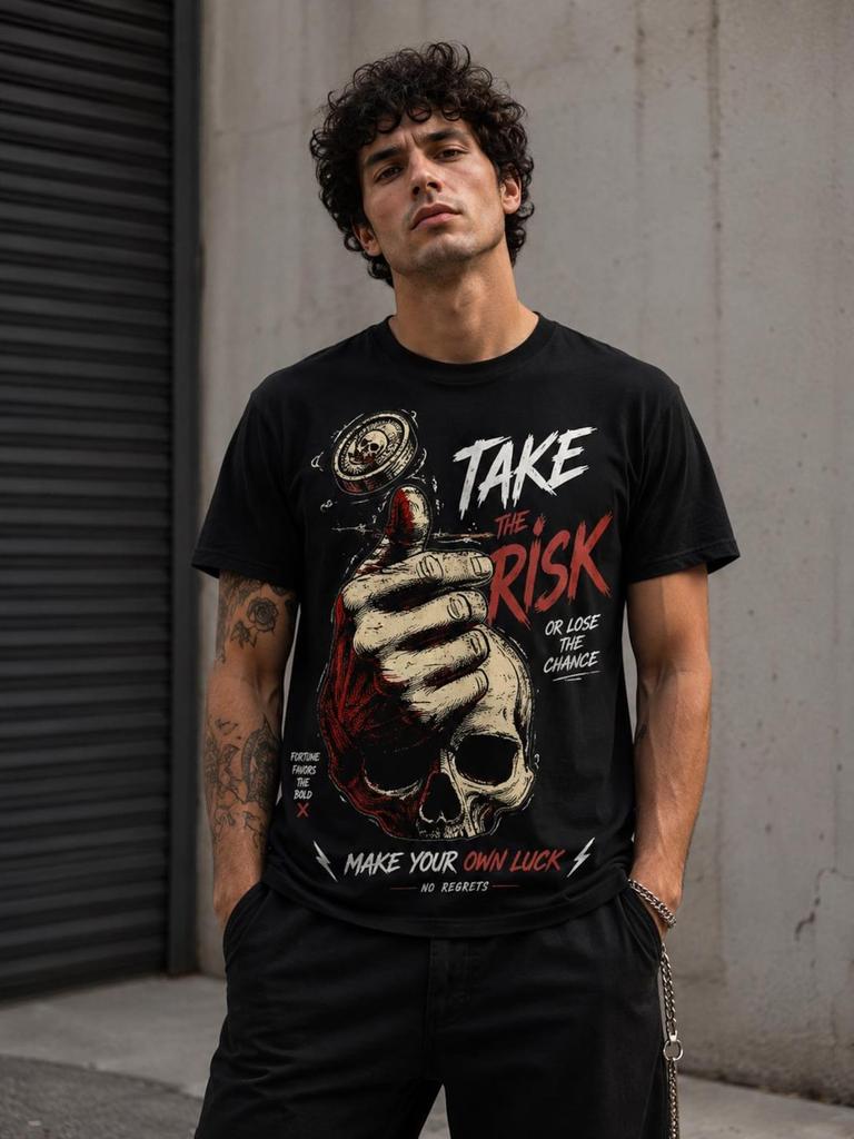 Skull Coin Flip Take The Risk Graphic Rebel Grunge Streetwear T Shirt