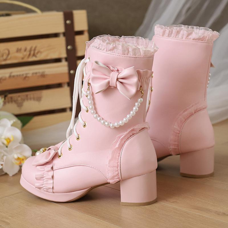 Winter Girls Ankle Boots Sweet Lolita Bowknot Lace Party Wedding Shoes Women High Heels Girls Princess Cosplay Fur Boots 30-43
