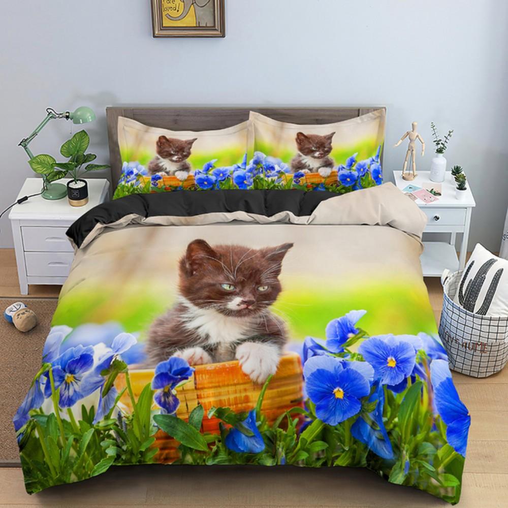 Lovely Baby Cat Bedding Set 3D Kitten Flower Bed Single Double Queen Twin Full Size Duvet Cover Set Kids Girls Room Decor