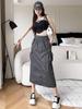 2024 Plus Size Women's Elastic Waist Drawstring Casual Midi A-line Slit Skirt