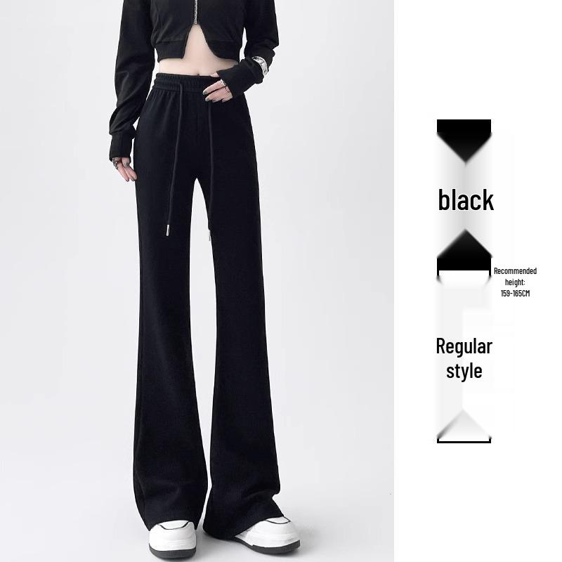 

145 Черные спортивные брюки микро-клеш с высокой посадкой и кулиской для миниатюрных женщин с фигурой «груша» - Повседневные брюки, стройнящие фигуру, для весны и осени L (106-115 lbs)