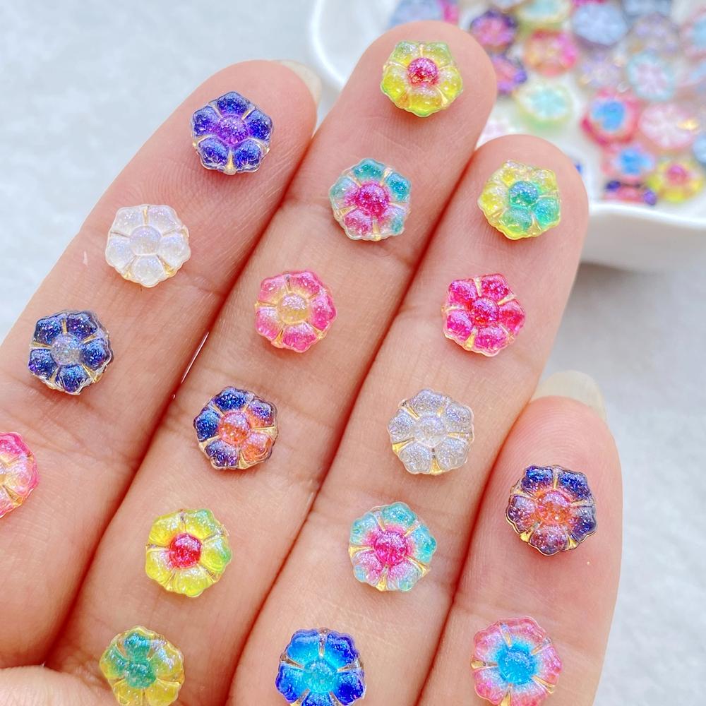 

50Pcs 7mm Resin 3D Colorful Mini Shiny Flower Gems Flatback Figurines Scrapbook Wedding Applique Nail Art Decor Crafts