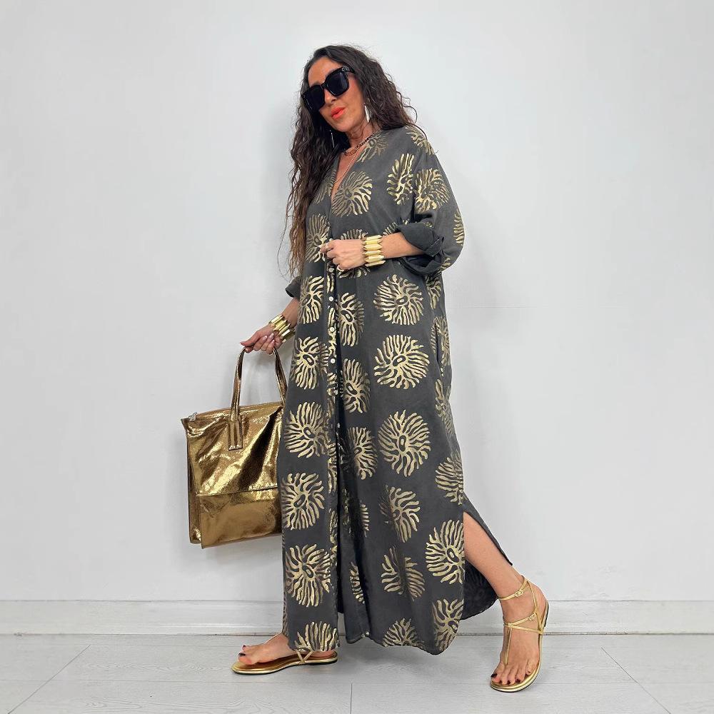New Women's Lapel Printed and Gold-embossed Loose, Casual Long-sleeved Plum-sized Dress