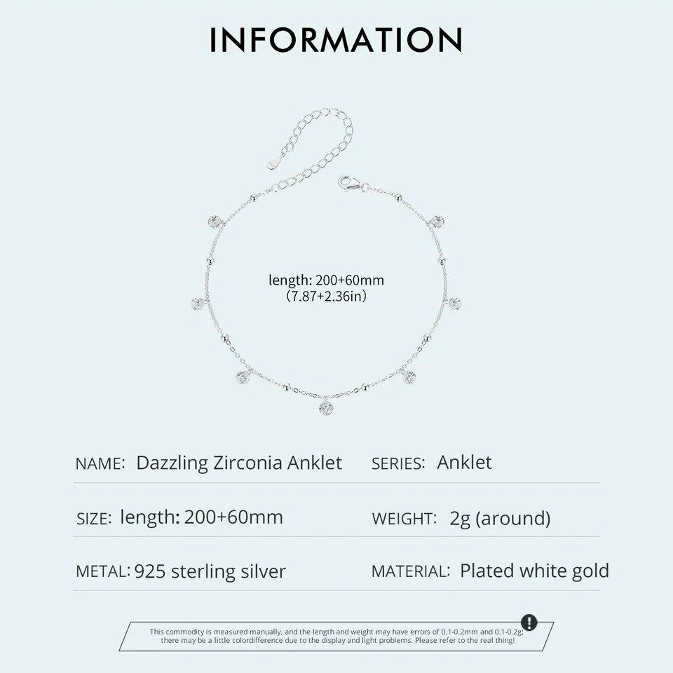 BAMOER Schillerndes Zirkonia-Fußkettchen 925 Sterling Silber Chian Armband für das Bein Weiblicher Fußschmuck für Frauen Beinkette Edler Schmuck