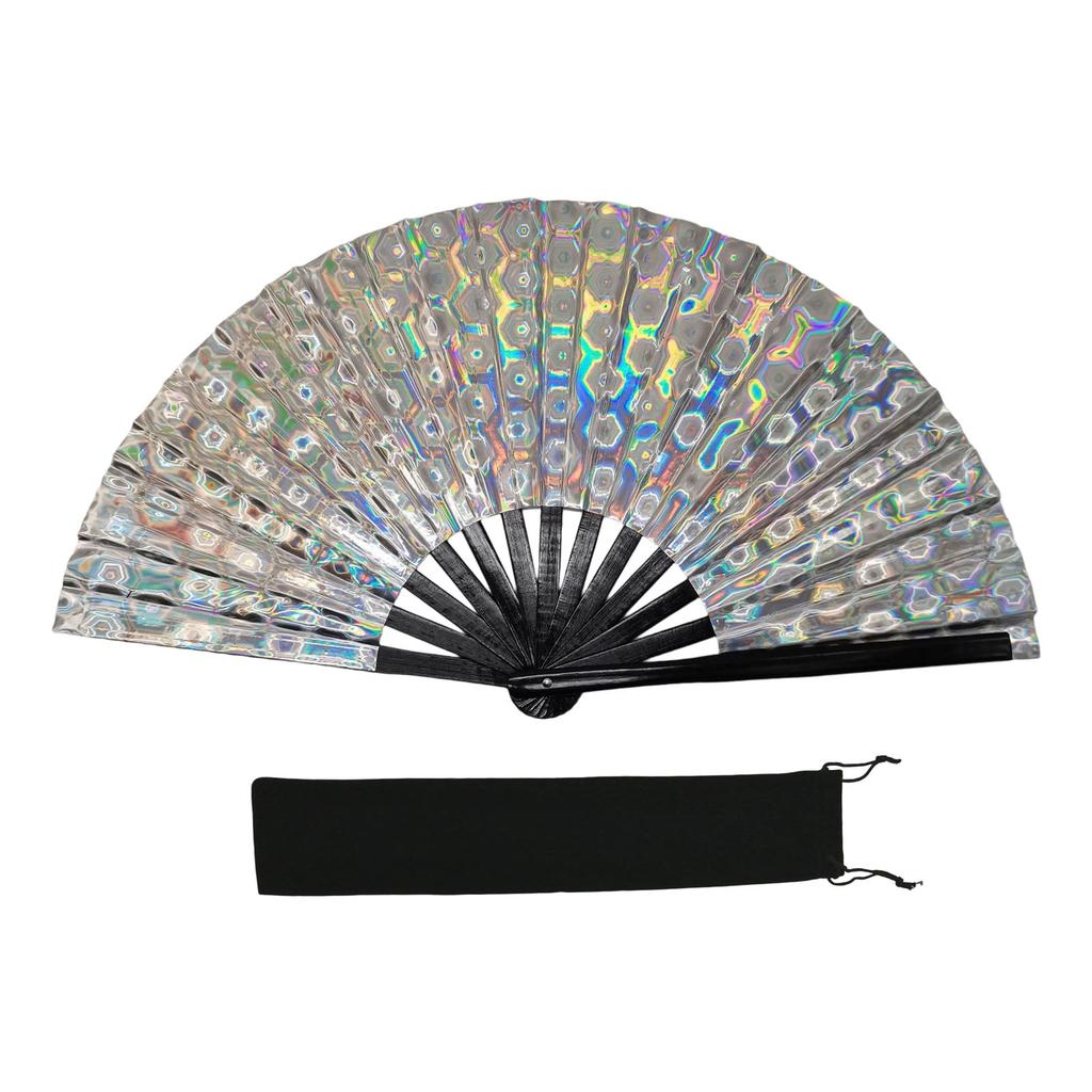 Large Shimmering Colorful Folding Hand Fan for Line Dance Martial Art Taichi Handheld Fan with Reflective Design Gift