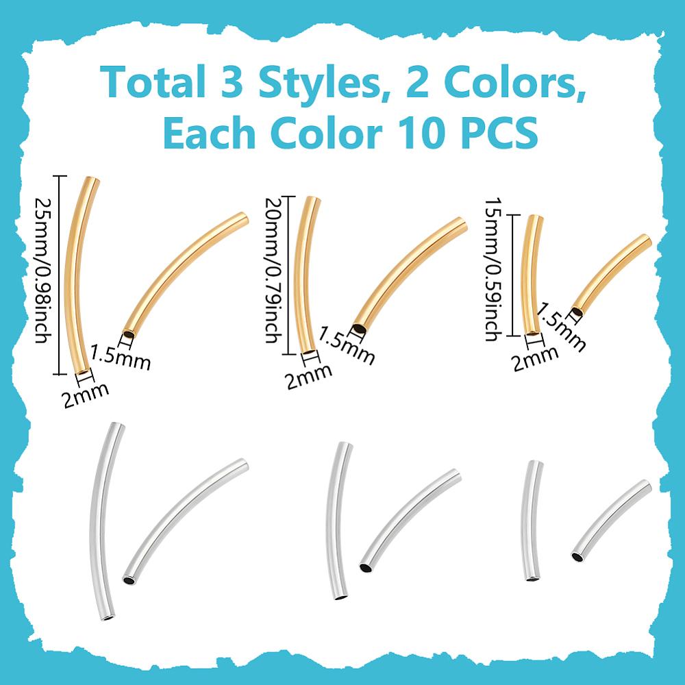 60Pcs 6 Styles 304 Stainless Steel Tube Beads, Curved Tube, Golden & Stainless Steel Color, 15~25x2mm, Hole: 1.4~1.5mm, 10pcs/style