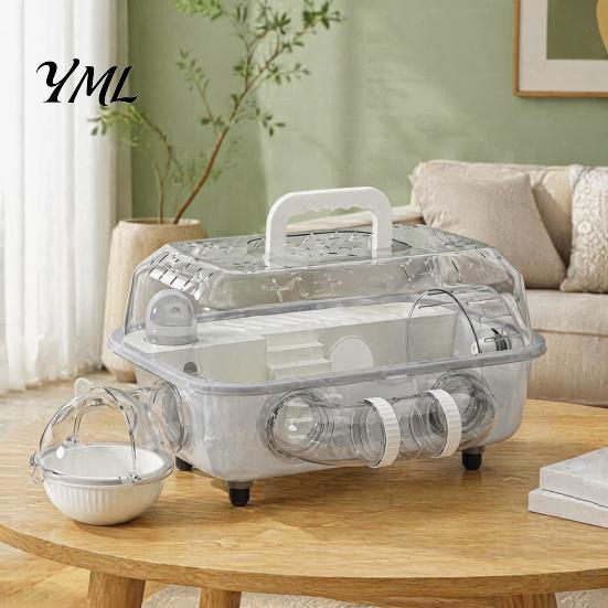 Portable Travel Cage Hamster with Tunnel, Transparent House Running Wheel Pet Playpen Accessories And Water Dispenser, 2-Tier Habitat for Small