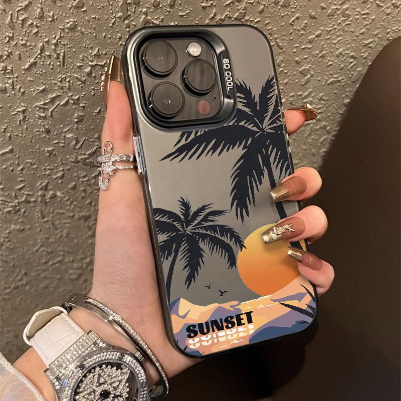 Sunset Coconut Tree Case for iPhone 18 Pro Max/16/15, 14pm/13/12, New Color Silver